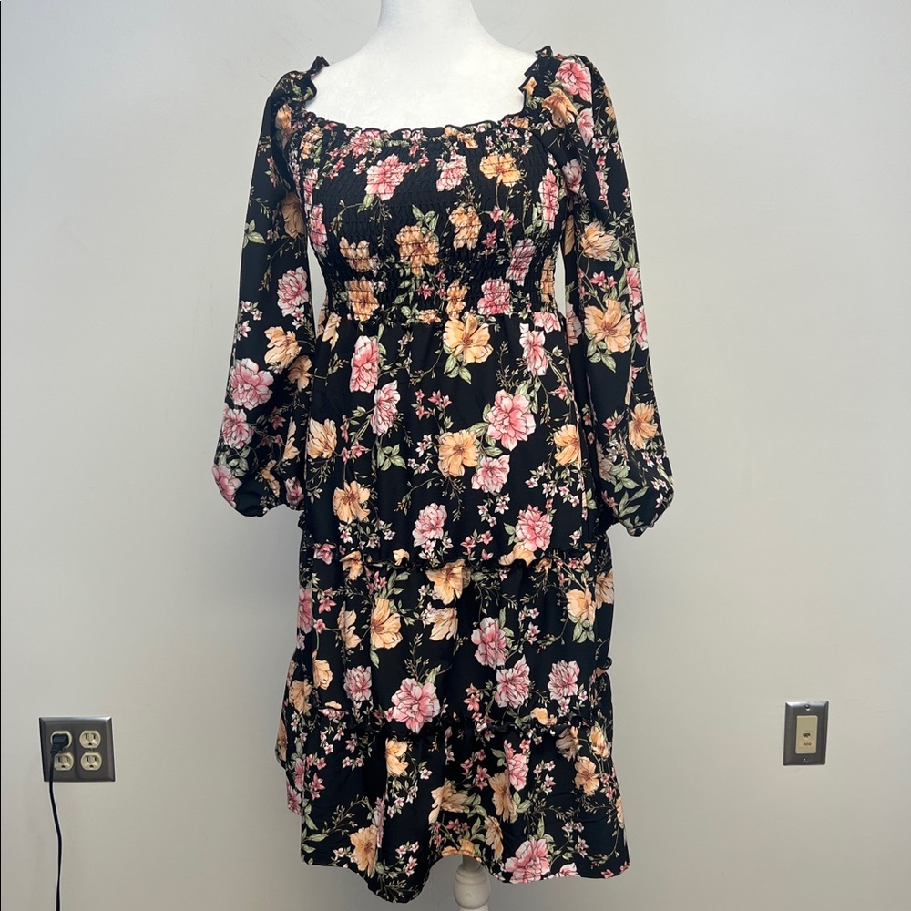 As U Wish Floral Long Sleeve Black Pink Orange Dress w/ Smocked bodice Size M